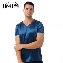 Iiniim Herren Satin T-Shirt Männlichen V-ausschnitt Kurzarm Casual T-Shirt Lose Pyjamas Tops Einfarbig Loungewear Nachtwäsche Tees Tops
