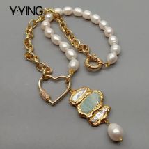 Y.YING natürlichen Weißen Reis süßwasser Perle Gold farbe Überzogen Kette aussage Halskette Biwa Perle Amazonit Anhänger 19"
