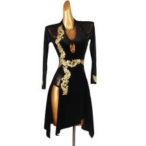 Latin Dance Diamond Long-sleeved Dress Ladies Rumbachia Salsa Dance Costume Ballroom Performance Dress Red Black