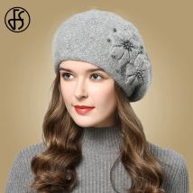 FS Winter Hüte Für Frauen Beanie Kaninchen Fell 2023 Warme Gestrickte Hut Blume Doppel Schichten Warme Baskenmütze Schnee Kappen Gorros Femme