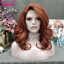 Imstyle Kupferrote Perücke, kurze synthetische Spitze-Front-Perücke für Frauen, natürliche gewellte