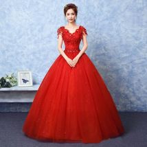 2024 Hochzeitskleid Das rote Ballkleid mit V-Ausschnitt Vintage Brautkleider Spitzenstickerei