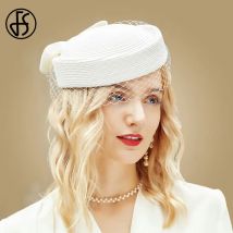 FS Fascinator Weiß Pillbox Hüte Französisch Baskenmütze Mit Schleier Schwarz Stroh Hüte Mesh Frauen