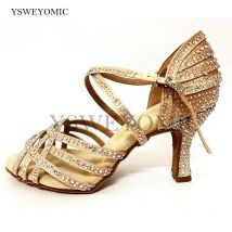 Eleganz Latin Salsa Dance Schuhe Flesh Khaki Satin Strass Angepasst Ferse 7cm Indoor Outdoor Frauen