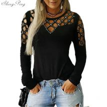 Mode hohl bling Bluse lässig sexy Strass solide Top weibliche Frauen Tops Langarmhemd Blusa Pullover 5xl v1755