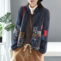 Herbst Winter Kunst Stil Frauen Langarm Vintage Kurzen Mantel Patchwork Baumwolle Leinen Einreiher Verdicken Jacken S407