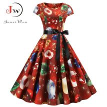 Rote Weihnachten Frauen Kurzarm elegante Vintage Weihnachten Party Kleider Robe Femme Casual Vestidos mit Gürtel