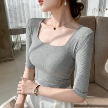 Halbe Hülse Quadrat Kragen Schlank Baumwolle T-shirt T Mädchen Solide Sommer Grundlegende Hohe Elastizität T-shirts Crop Tops Für Frauen