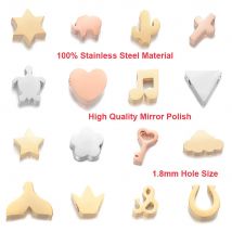 5 Stück 316L Edelstahlperlen 1,8 mm Loch kann 1 mm/1,5 mm Ketten passen DIY Schmuck Herz Stern Mond Elefant Schildkröte Kreuz Krone