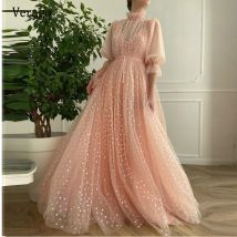 Verngo Erröten Rosa Herzhafte Tüll Puff Ärmeln Lange Abendkleider High Neck Rüschen Dame Formal Prom Kleider Mädchen Graduation
