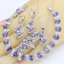 925 silber Schmuck Sets für Frauen Hochzeit Lila Amethyst Halskette Anhänger Ohrringe Ring Armband Geschenk Box