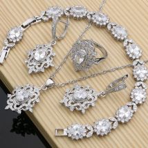Frauen Hochzeit Halskette Set 925 Silber Schmuck Sets Weiß Zirkonia Ohrringe Stein Armband Geschenke für Frauen Dropshipping