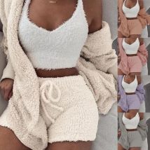 Sexy Frauen Fluffy Pyjama Sets 3 Stück Trainingsanzug Plüsch Mit Kapuze Strickjacke Mantel + Crop Top + Shorts Casual Nachtwäsche Anzüge plus Größe