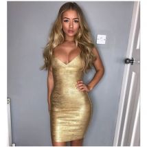 Frauen Gold Bronzing Verband Kleid Bodycon Mini ärmellose V-Ausschnitt Sommer High Street ausgehen