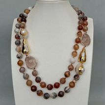 Y·YING 2 Stränge 12 mm facettierte runde braune Feuerachate Kristallperlen Quarz Druzy Halsband Halskette 21"