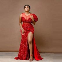 African Red Pailletten Mermaid Prom Kleider Aso Ebi Stil Plus Size Side Split Abendkleider Sheer