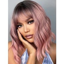 GEMMA Ombre Black Pink Medium Wavy Synthetic Wig with Bangs for Black Women Natural Bob Lolita Wigs Cosplay Heat Resistant Hair