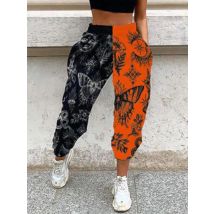 Frauen Casual Schädel Druck Patchwork Hosen Frühling Herbst Elastische Taille Tasche Lose Bleistift Hosen Weibliche Streetwear Warme Jogginghose