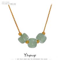 Yhpup Stainless Steel Green Aventurine Pendant Necklace Stylish 18 K Plated Metal Collar Necklace бежутерия женская колье Gift