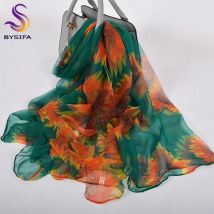 [BYSIFA] Orange Grün Seide Schal Winter Mode Zubehör Fallen Marke Sunflower Frauen Lange Schals Damen Dünne Seide Schal