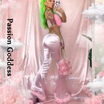 Rosa Fell Flare Hosen Süße Frauen Voller Länge Mitte Taille Glanz Weich Seide Feder Hosen Nette Mädchen Pelzigen Breite Bein flare Hosen