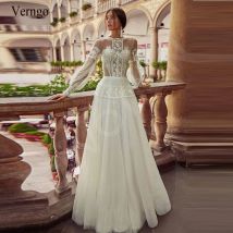 Verngo Elegantes Boho-Hochzeitskleid mit Puffärmeln, gepunktetem Tüll und Spitze für die Braut, langärmelig, Vintage-Knöpfe hinten, Brautkleid, individuell gestaltet