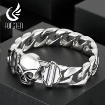 Fongten 22 cm Schädel Kubanischen Kette Armbänder Für Männer Edelstahl Skeleton Curb Männer Armreif Gothic Schmuck Weihnachten