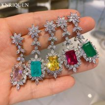 KNRIQUEN 8*12mm Paraiba Tourmaline Ruby Emerald Quartz Topaz Gemstone Earrings for Women Party Wedding Fine Jewelry Elegant Gift