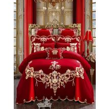 Red Chinese Style Wedding Embroidery Duvet Cover Bed Sheet Set Cotton Solid Princess Bedding Set Luxury Romantic Girls Bed Cover