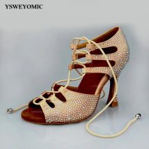 Rhinestones Latin Ballroom Dance Shoes Black Flesh Satin Suede Outsole Meduim Heel 7cm 6cm 2inch Latin Salsa Dance Party Shoes