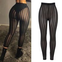 Hirigin 2019 Heißer Verkauf Sommer Damen Sexy Stretchy Leggings Hosen Hosen Gestreifte Perspektive Mesh Hosen Clubwear