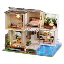 Neue Holz Puppe Haus Kit Miniatur mit Möbel Schwimmbad Moderne Loft Casa DIY Villa Puppenhaus