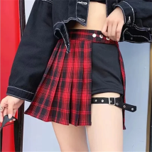 All Match Damen Kurzer Rock Mode Tartan Rot Faltenröcke Streetwear Plaid Side Button Rock Damen Casual Minirock