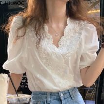 Frauen Chic Korea Design Kleidung Mode Kurzen Ärmeln Feste Spitze Höhlen Heraus Stickerei Tops Einreiher Taste Weißes Hemd