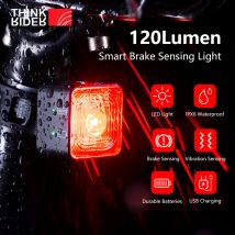 ThinkRider 120 Lumen Luce di rilevamento del freno intelligente per bicicletta IPX6 LED impermeabile Ricarica Fanale posteriore per bicicletta Accessori posteriori per bici
