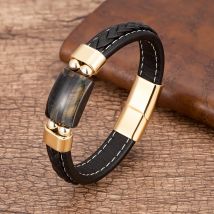 Charme Natürliche Tigerauge Stein Armband Für Männer Geometrische Form Naturstein Schwarz Geflochtene Leder Armbänder Geschenke Bijoux Homme