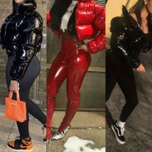 OMSJ Freizeit High Street Style Damen PU-Ledermantel Warm Puffärmel Revers Reißverschluss Kurze Jacke Einfarbig Mode Mantel