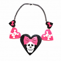 KUGUYS Peach Heart Skeleton Big Bowknot Skull Pendant Necklace for Women Gothic Halloween Black Chain Acrylic Jewelry