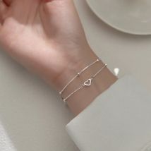 VENTFILLE Bracciale in argento sterling 925 con doppio cuore d'amore, perline rotonde vuote, moda femminile, gioielli romantici, classici regolabili