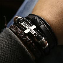 3 Pcs/Set Leather Bracelets Men Bangles For Women Wood Beads Feather TRUST IN GOD Cross Charm Homme Gift Jewelry Freely Shipping
