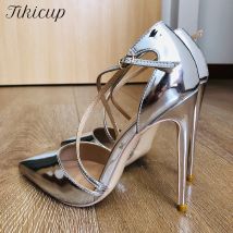 Tikicup Shiny Silber Frauen Kreuz Ankle Strap Stiletto Pumps Spitz Sparkly Stiletto High Heels