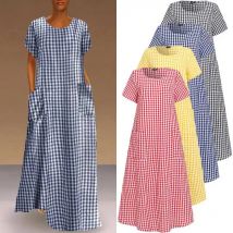 Frauen Vintage Böhmischen Maxi Lange Kleid Sommer Kurzarm Plaid Lose Sommerkleid Casual Taschen Plus Größe 5XL Kleid Robe
