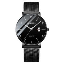 JENISES Fashion Ultra-thin Mens Watches Simple Wristwatch Clock Stainless Steel Mesh Belt Quartz Men Watch Calendar Wristwatch