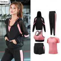 Frauen Yoga Sportswear Kleidung Set Mäntel T-Shirt BH Shorts Hosen Fitness Gym Mesh Anzug schnell trocknen Outdoor-Laufs ets