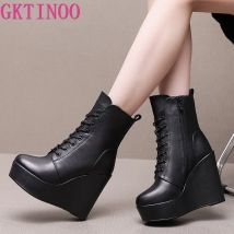 GKTINOO 2025 Fashion Echtes Leder Herbst Winter Stiefel Plattform Keile High Heel Stiefel Schwarz