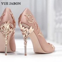 Luxus Blätter Metall Absatz Pumps Frauen Schuhe Spitz Blau Weiß Rosa Schwarz Seide Stiletto High Heels Hochzeit Braut Schuhe 10 cm