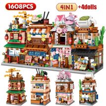 Mini City Street View Noodle Shop House Building Blocks 4 in 1 Architettura giapponese Amici Figure Giocattoli dei mattoni per bambini