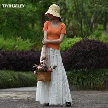 TIYIHAILEY 2022 Freies Verschiffen Mode Lange Maxi A-linie Elastische Taille Frauen Sommer Baumwolle