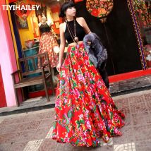 TIYIHAILEY-Frauen elastische Taille A-Linie Baumwolle rote Röcke, Blumen druck, lange Maxi, Mode,