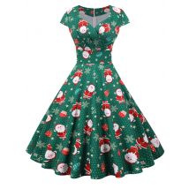 Christmas Dress Women Sexy V Neck Short Sleeve High Waist Print Vintage Big Swing Party Xmas Sundress Elegant Robe 3XL